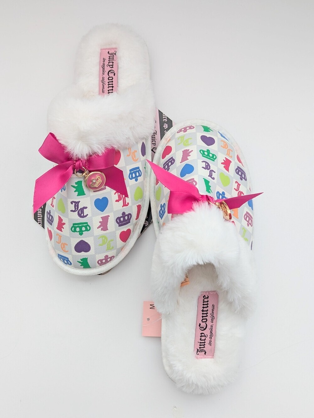 NWT Juicy Women's (Medium) Colorful Slide-In Fuzzy Mule Slippers w/Bow & Charm